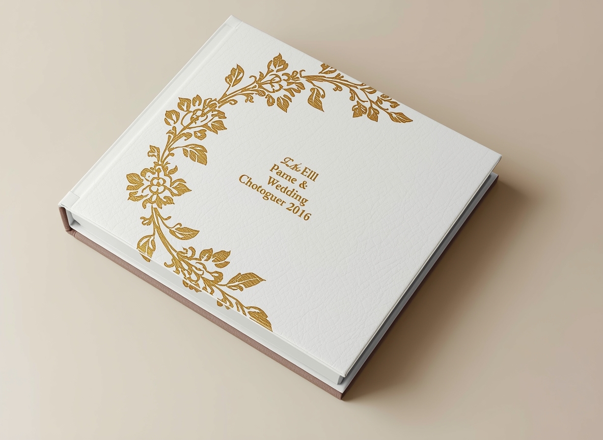 Elegant wedding photo album with white leather cover
